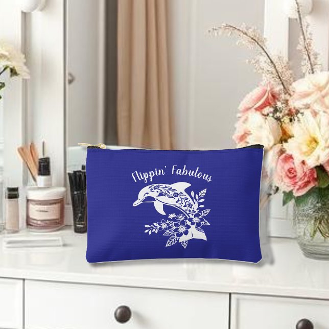 Hawaiian Dolphin Flippin' Fabulous Blue Accessory Pouch (Hawaiian Dolphin, Flippin Fabulous, Islander Summer, Beach, Travel, Fisherman Trend, Tropical floral)