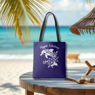 Hawaiian Dolphin-Flippin' Fabulous-Dark Blue Tote Bag