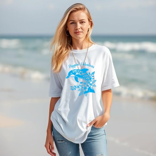 Hawaiian Dolphin Flippin’ Fabulous Light Blue T-Shirt (Hawaiian Dolphin Tropical Flowers, Fisherman Trending Fashion, Islander, Summer, Beach, Womens T )