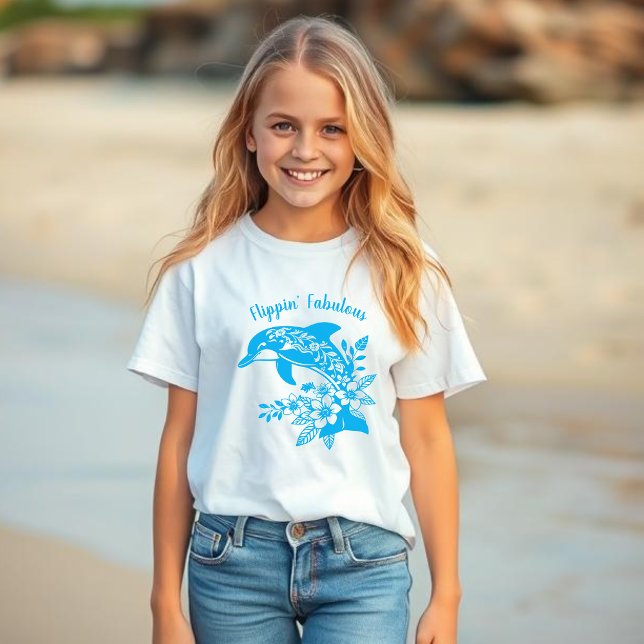 Hawaiian Dolphin Flippin’ Fabulous Light Blue T-Shirt (Dolphin Hawaiian Tropical Flowers, Flippin Fabulous, Summer Beach Fisherman Trend Fashion, kids)