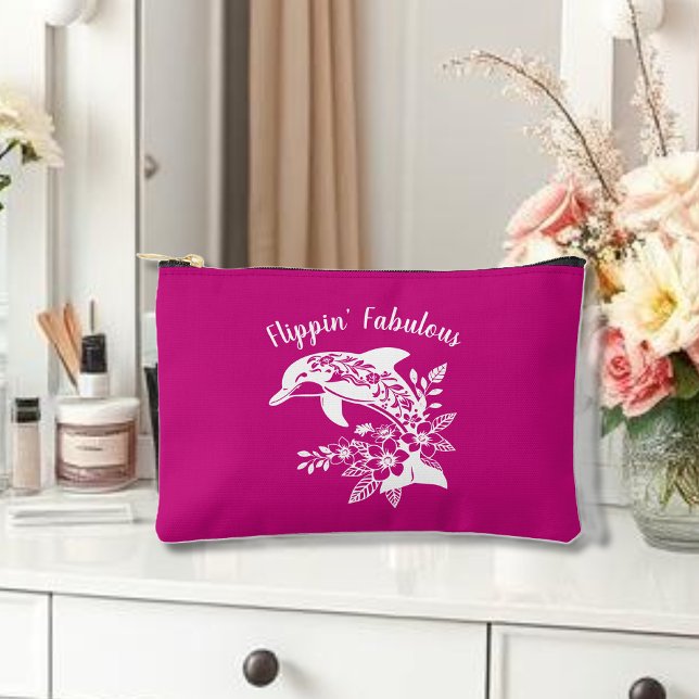 Hawaiian Dolphin Flippin' Fabulous Pink Accessory Pouch (Hawaiian Dolphin, Flippin Fabulous, Islander Summer, Beach, Travel, Fisherman Trend, Tropical floral)