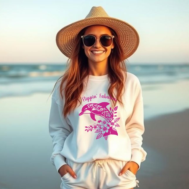 Hawaiian Dolphin Flippin’ Fabulous Pink Sweatshirt (Hawaiian Dolphin-Tropical Flowers- Fisherman Core Fashion, Islander, Summer, Beach, Woman sweatshirt)