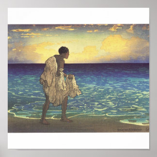 Hawaiian Fisherman, woodblock print