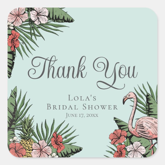 Hawaiian Flamingo & Hibiscus Thank You Square Sticker (Front)