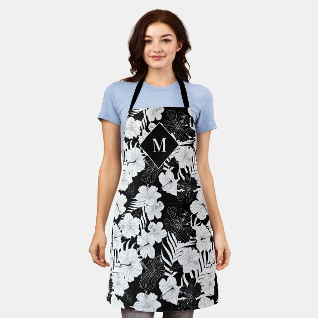 Hawaiian Floral Black and White Tropical Monogram Apron (Worn)