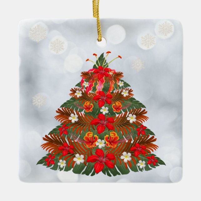 Hawaiian Floral Christmas Tree Holiday Ornament (Front)