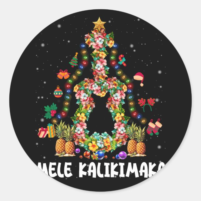 Hawaiian Floral Christmas Tree Mele Kalikimaka Tro Classic Round Sticker (Front)