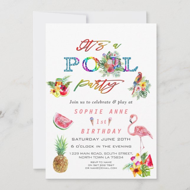 Hawaiian Floral Fruits Birds Pool Birthday Invitation (Front)