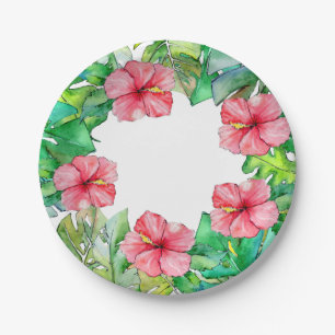 Hawaiian Floral Pink Hibiscus Tropical Leaves Paper Plate