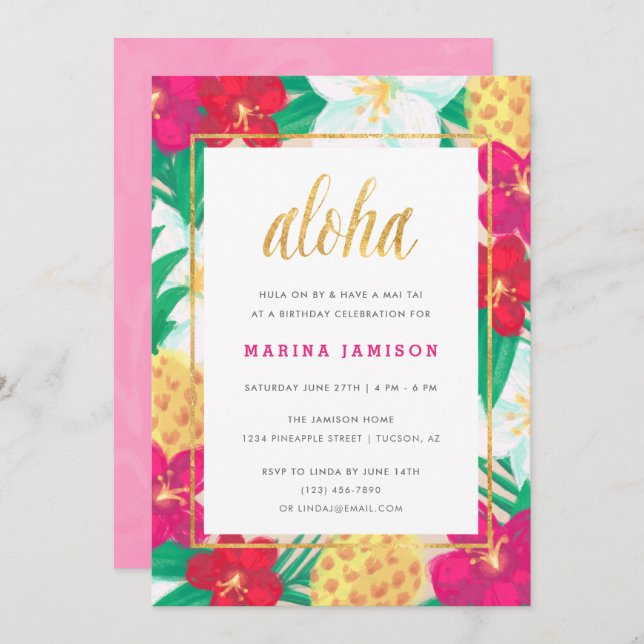Hawaiian Florals Tropical Party Invitations (Front/Back)