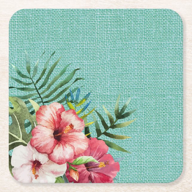 Hawaiian Flower and Blue Texture Square Paper Coaster (Front)