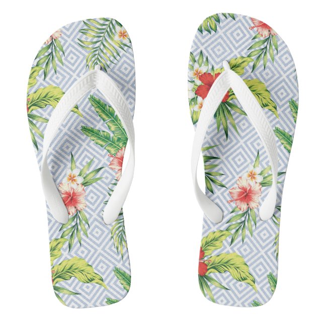 Hawaiian Flower Pattern Pastel Blue Geometric Patt Jandals (Footbed)