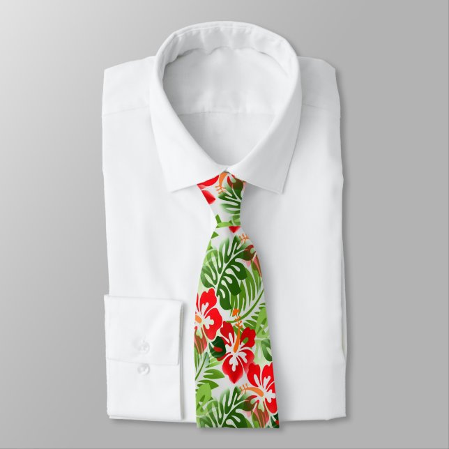 Hawaiian Flowered Pattern Red Green Tie (Tied)