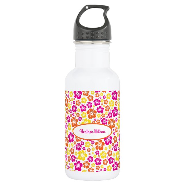 Hawaiian Flowers Cute Kids Water Bottle with Name (Front)