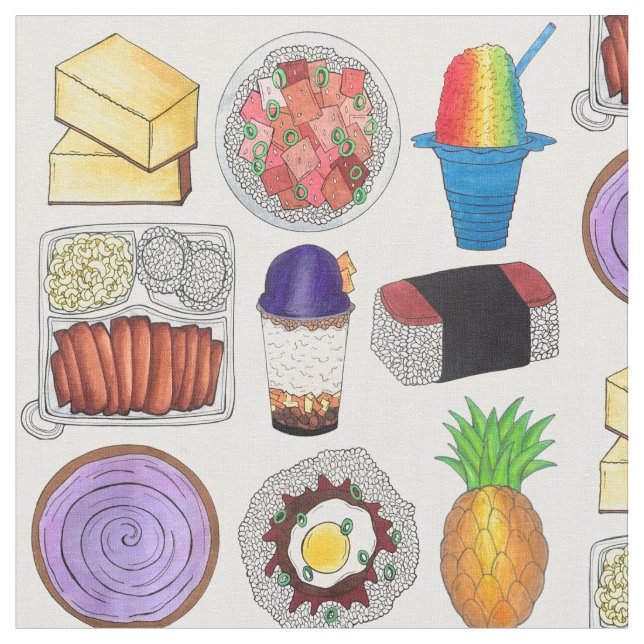 Hawaiian Foods Island Cuisine Shave Ice Loco Moco Fabric (Close Up)