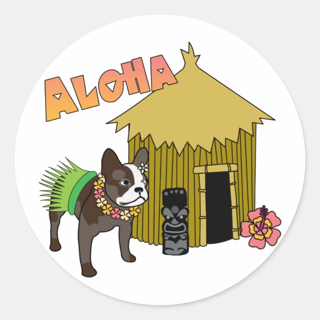Hawaiian French Bulldog Tiki Hula Stickers (Front)