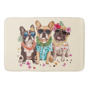 Hawaiian French Bulldogs Flower Lei Bath Mat