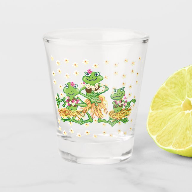 Hawaiian frog hula girls and frangipani shot glass (Front)