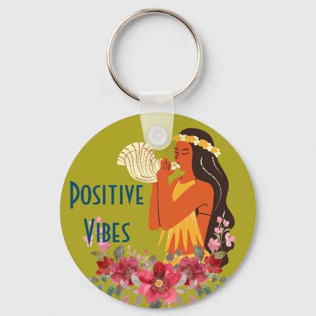 Hawaiian Girl blowing Conch Shell Personalized Key Ring (Front)