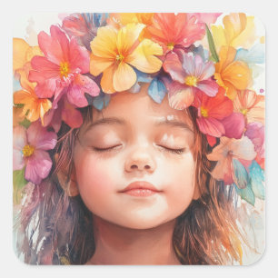 Hawaiian Girl Colourful Tropical Flowers Crown Square Sticker