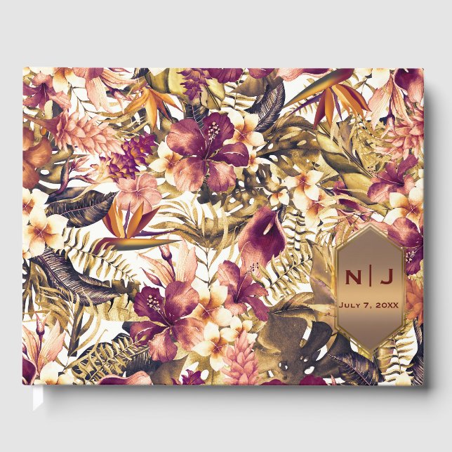 Hawaiian Golden Tropics Elegant Vintage Wedding Guest Book (Front)