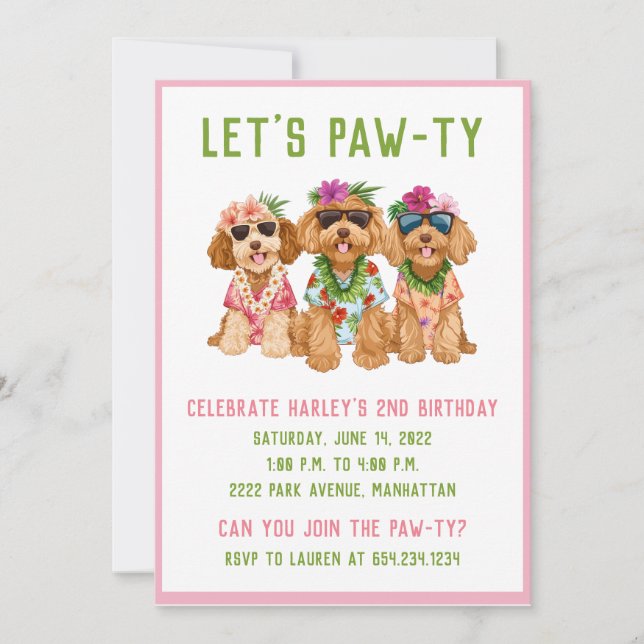 Hawaiian Goldendoodle Dogs Flower Lei Invitation (Front)
