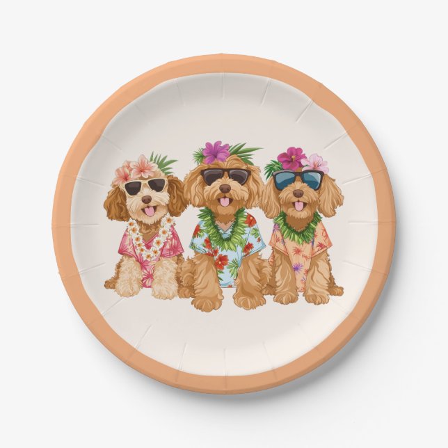 Hawaiian Goldendoodle Dogs Flower Lei Paper Plate (Front)