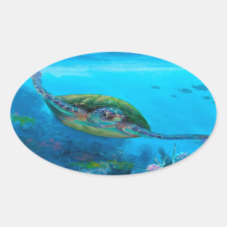 Hawaiian Green Sea Turtle Tropical Fish Reef Oval Sticker