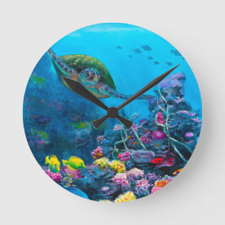 Hawaiian Green Sea Turtle Tropical Fish Reef Round Clock