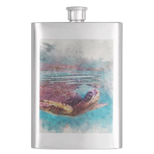 Hawaiian Green Sea Turtle Watercolor Painting Hip Flask