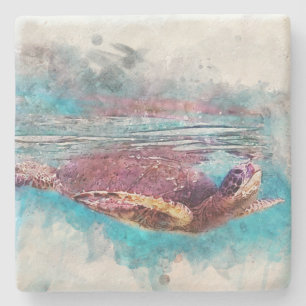 Hawaiian Green Sea Turtle Watercolor Painting Stone Coaster