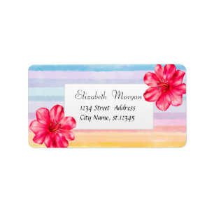Hawaiian Hibiscus Colourful Watercolor Stripes Label