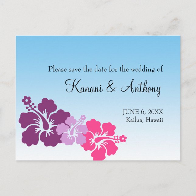 Hawaiian hibiscus flower purple save the date announcement postcard (Front)