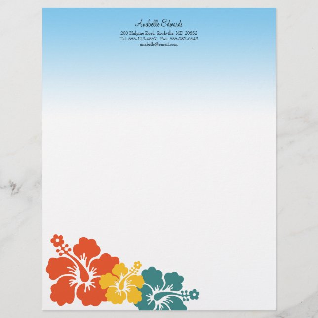Hawaiian hibiscus flowers orange teal summer letterhead design (Front)
