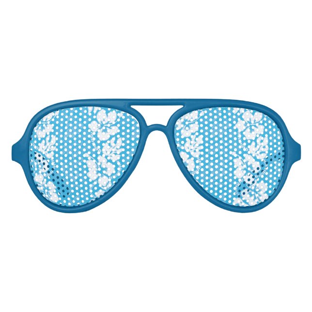 Hawaiian Hibiscus Flowers Patterned Blue Aviator Sunglasses (Front)