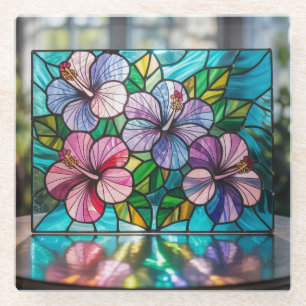 Hawaiian Hibiscus Flowers Stained Glass Coaster