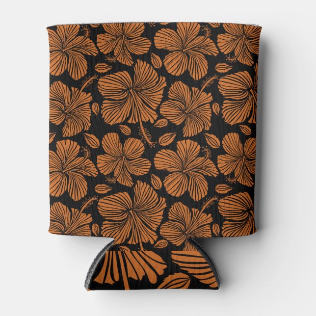 Hawaiian Hibiscus Orange Black Pattern Can Cooler (Front)