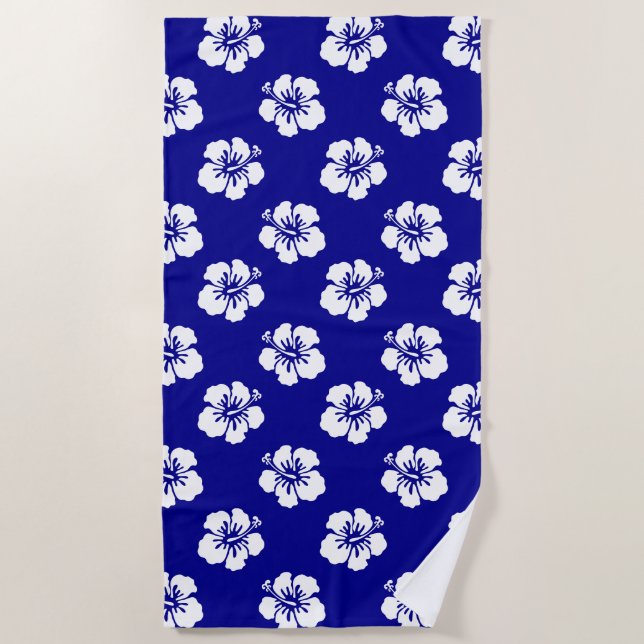 Hawaiian Hibiscus Pattern Blue and White Beach Towel (Front)