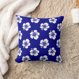 Hawaiian Hibiscus Pattern Blue and White Cushion