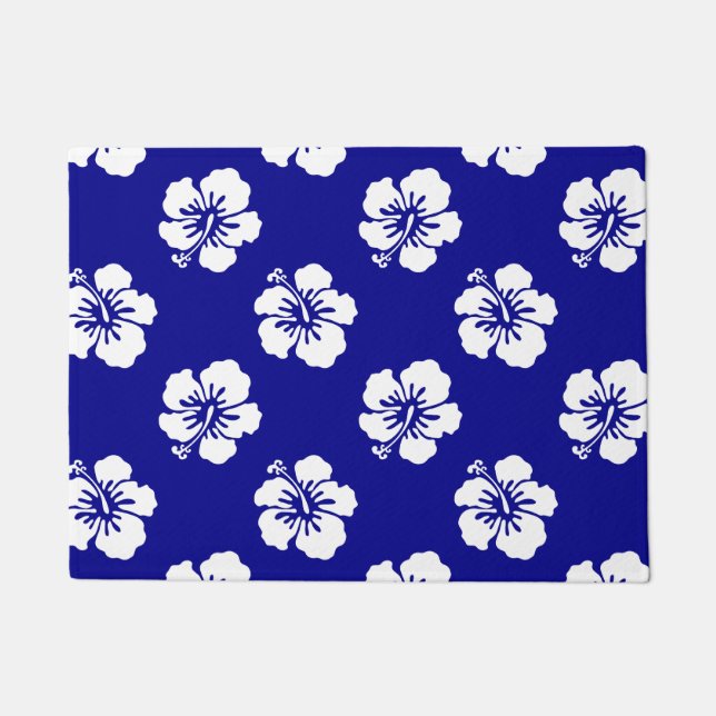 Hawaiian Hibiscus Pattern Blue and White Doormat (Front)