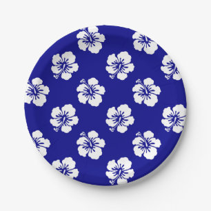 Hawaiian Hibiscus Pattern Blue and White Paper Plate