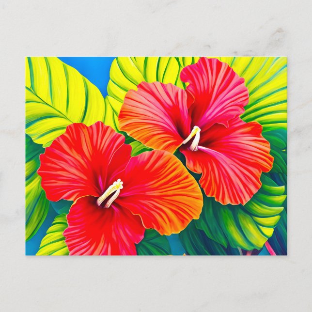 Hawaiian hibiscus red flowers with green leaves postcard (Front)