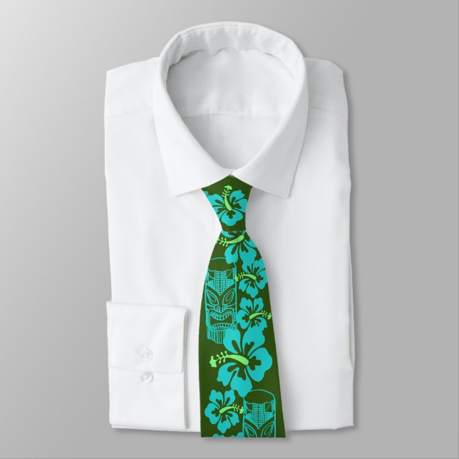 Hawaiian Hibiscus & Tiki "Live Pono" Retro Green Tie (Tied)