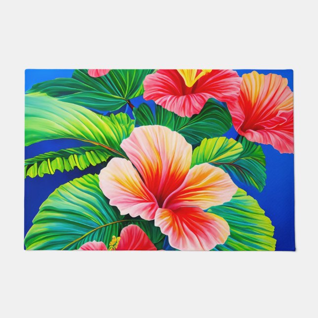 Hawaiian hibiscus  tropical red flowers and green  doormat (Front)