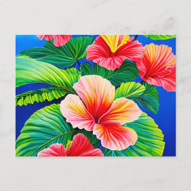 Hawaiian hibiscus  tropical red flowers and green  postcard (Front)