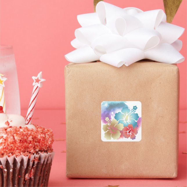 Hawaiian Hibiscus Watercolor Square Sticker (Party)