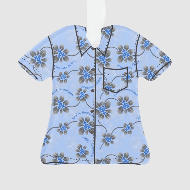 Hawaiian Holly Hanukkah Blue Floral Aloha Shirt Ornament (Front)
