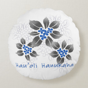 Hawaiian Holly Hanukkah Blue Floral Round Cushion