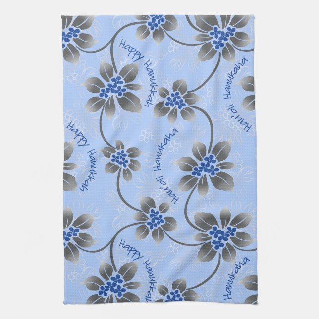 Hawaiian Holly Hanukkah Blue Floral Tea Towel (Vertical)
