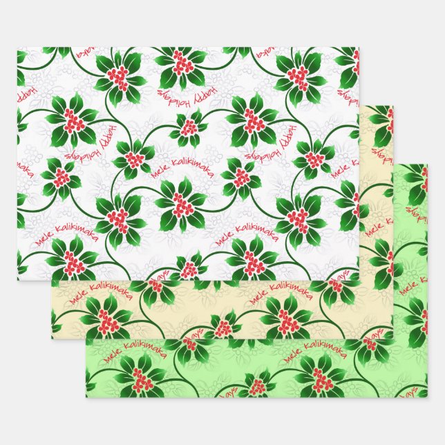 Hawaiian Holly Mele Kalikimaka Christmas Red Trio Wrapping Paper Sheet (Set)